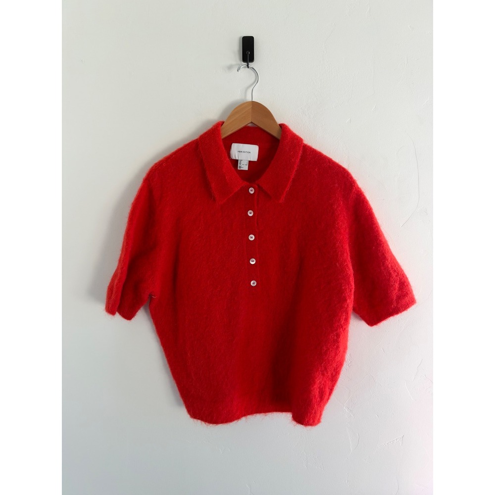 HM Edition Red Mohair Blend Polo Sweater Short Sleeve Knit Top Large